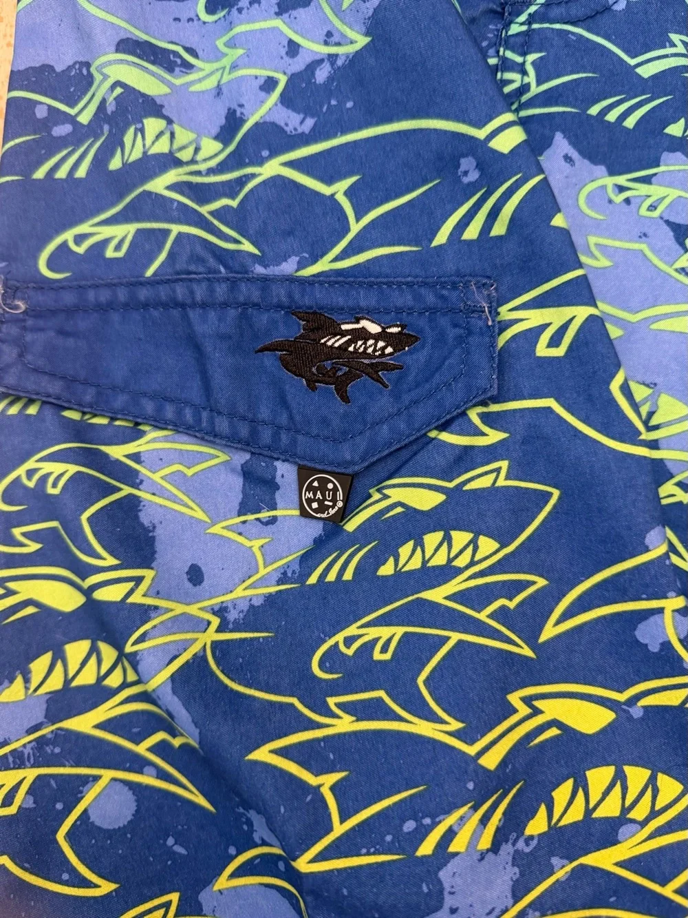 Maui and Sons Blue Shark-Print Boys size 14 Swim Trunks